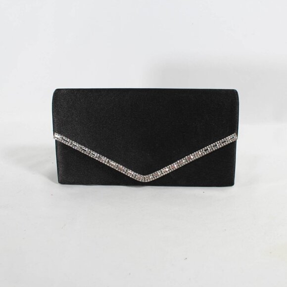 New Black Sateen Evening Clutch Bag with Rhinestone Detailing and Silver Chain - Picture 1 of 7